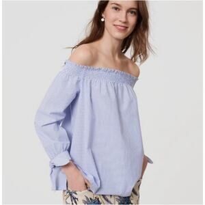 Loft Women's S Off The Shoulder Top Blue White 100% Cotton 3/4 Sleeve Preppy